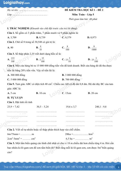 Đề kiểm tra học kì 1 Toán 5 - Đề số 2